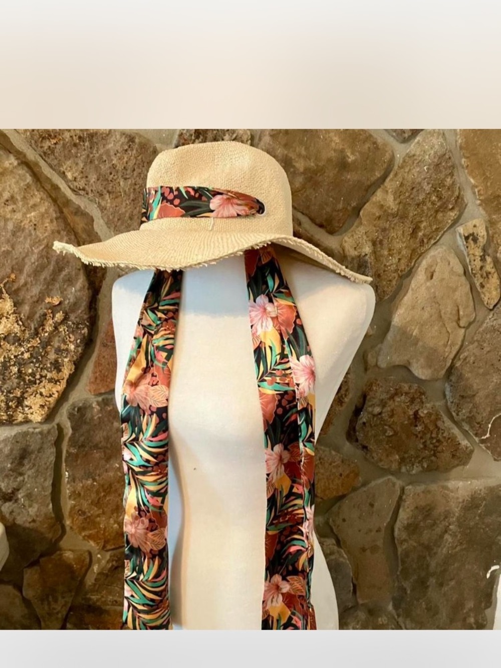 Steve Madden Beige Straw Sun Hat with Tropical Floral Scarf Tie